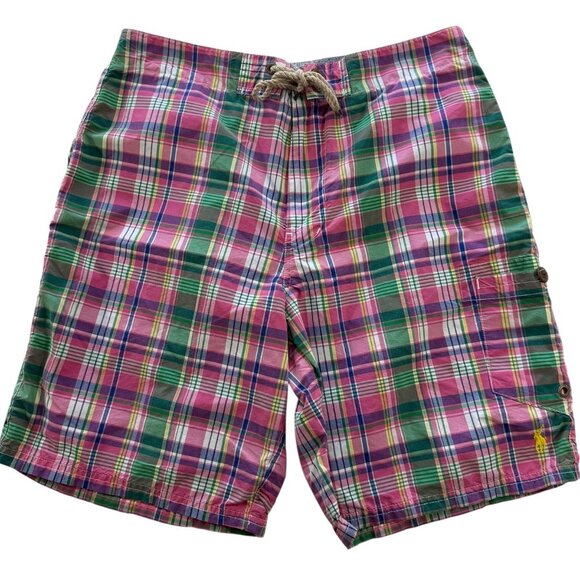 POLO RALPH LAUREN Swim Trunks Mens Sz 32 PINK Green Plaid Swim Preppy Old Money - Picture 1 of 12